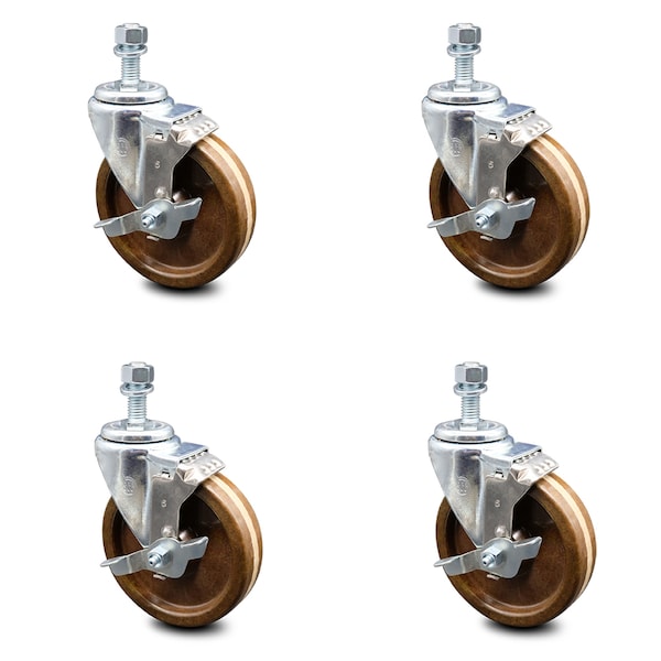 Service Caster 5 Inch High Temp Phenolic Swivel 1/2 Inch Threaded Stem Caster Set with Brake SCC SCC-TS20S514-PHRHT-TLB-121315-4 - main